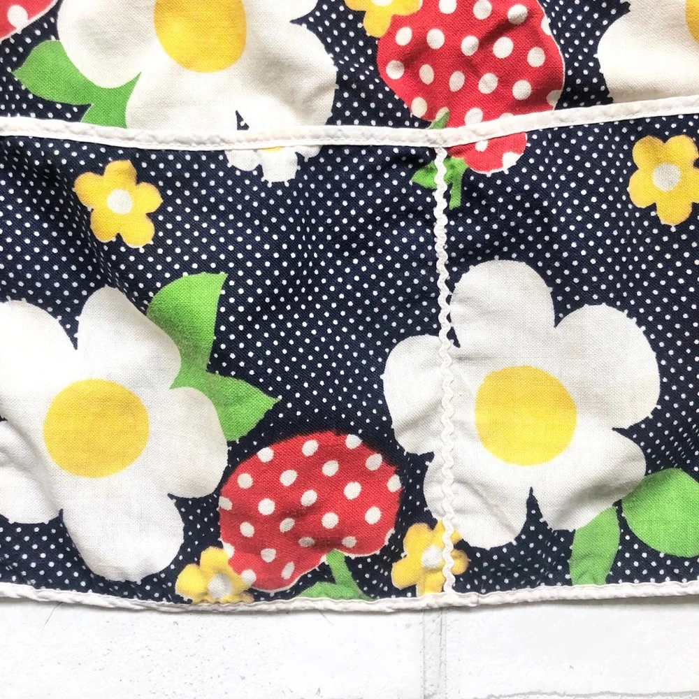 Vintage Cottagecore Strawberry Polka Dot Garden Apron 3 Pocket Retro Navy
